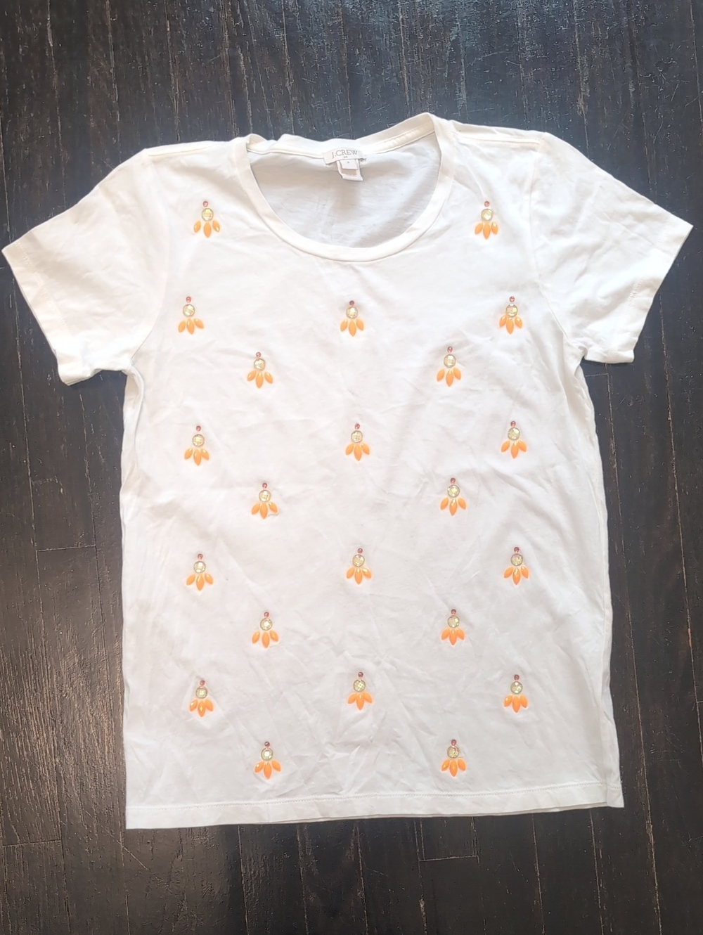 J. Crew Factory White Short Sleeve Tee with Orange Embellished Flowers